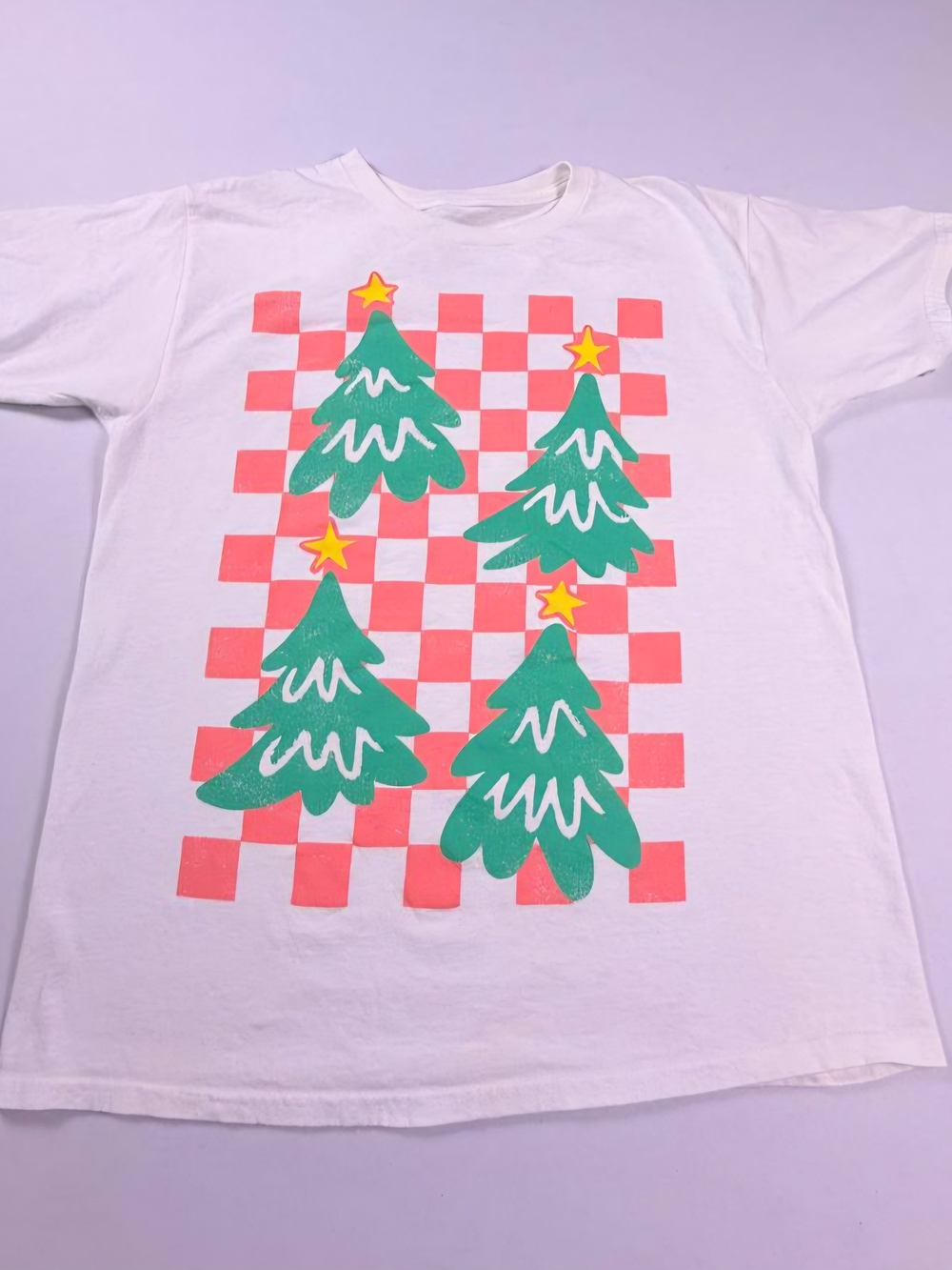 Mighty Fine White Tee with Green Trees and Pink Checkerboard